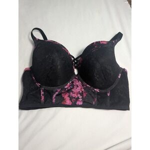 Torid Curve Black Lace Pink Floral Longline Push-Up Bra 38DDD Strappy  667